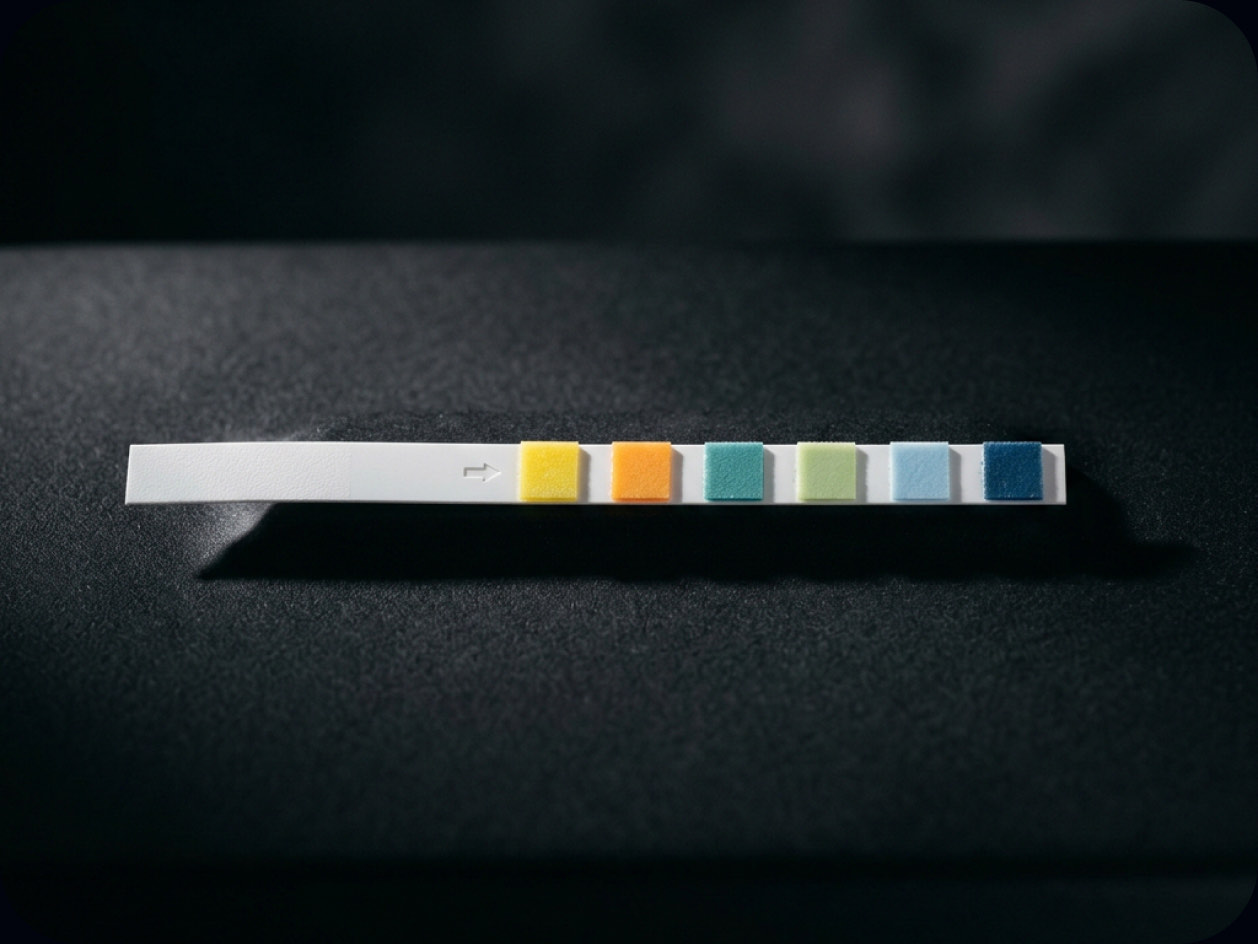 Urine test strip with colored reagent pads